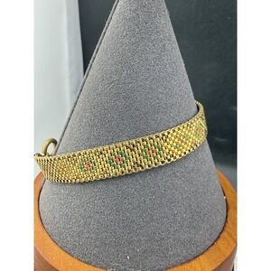 Vintage Woven Bracelet Gold Green Red Enamel Peyote Beaded Gold Tone 7" READ‎